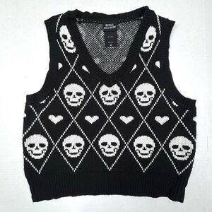 Hot‎ Topic Goth Skulls White Black Sweater Vest Medium Hearts Academia Cute EUC